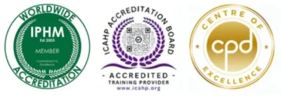 Logo's van IPHM, ICAHP en Centre of CPD Excellence, verbonden aan mijn opleidingen en professionele ontwikkeling.